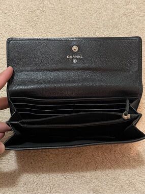 CHANEL Black Leather Long Wallet with Zip Coin Compartment